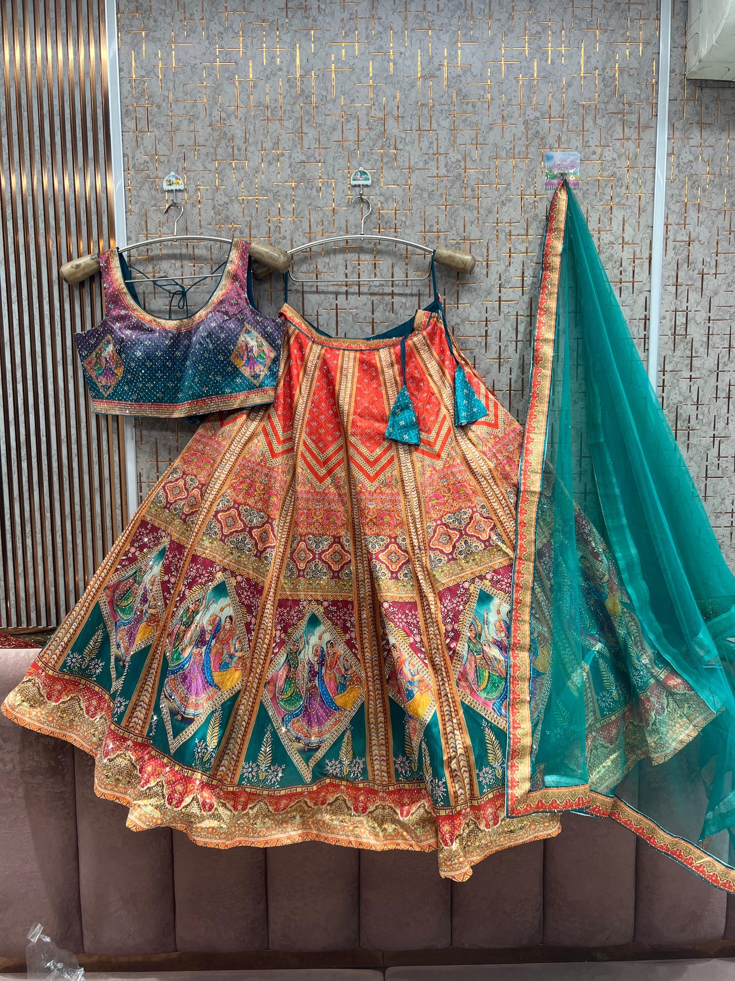 Banarsi Orange green ready to wear Crop Top Lehenga