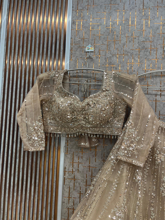 Beige golden Crop Top Lehenga