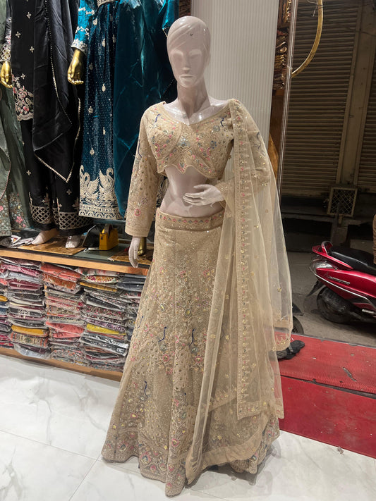 Peacock white beige Crop Top Lehenga