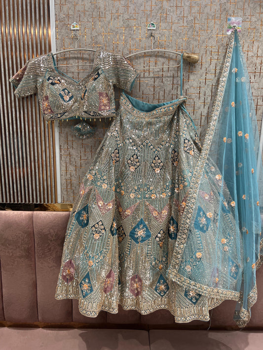 Beige golden sea blue Crop Top Lehenga