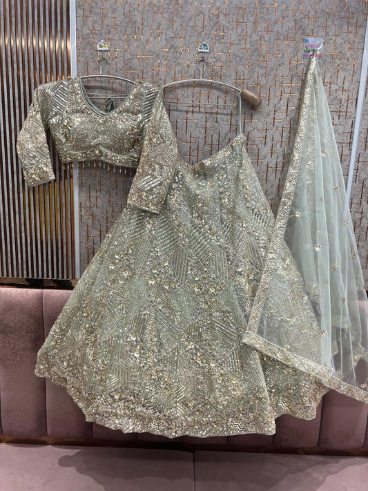 Green Pista Crop Top Lehenga