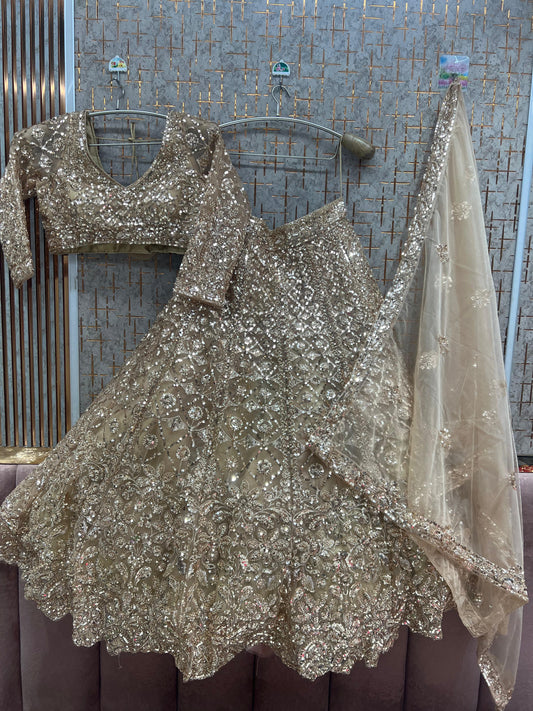 Beige Golden beads work Crop Top Lehenga
