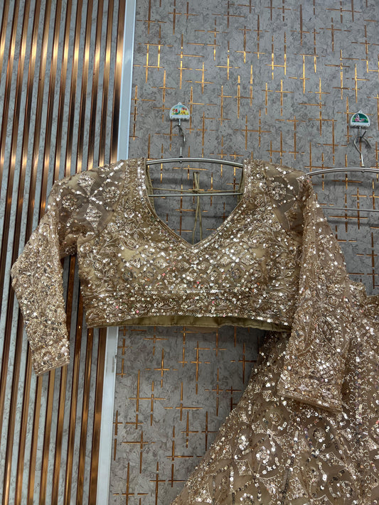 Beige Golden beads work Crop Top Lehenga