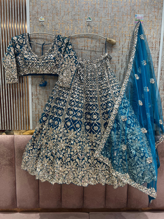 Blue beads work Crop Top Lehenga