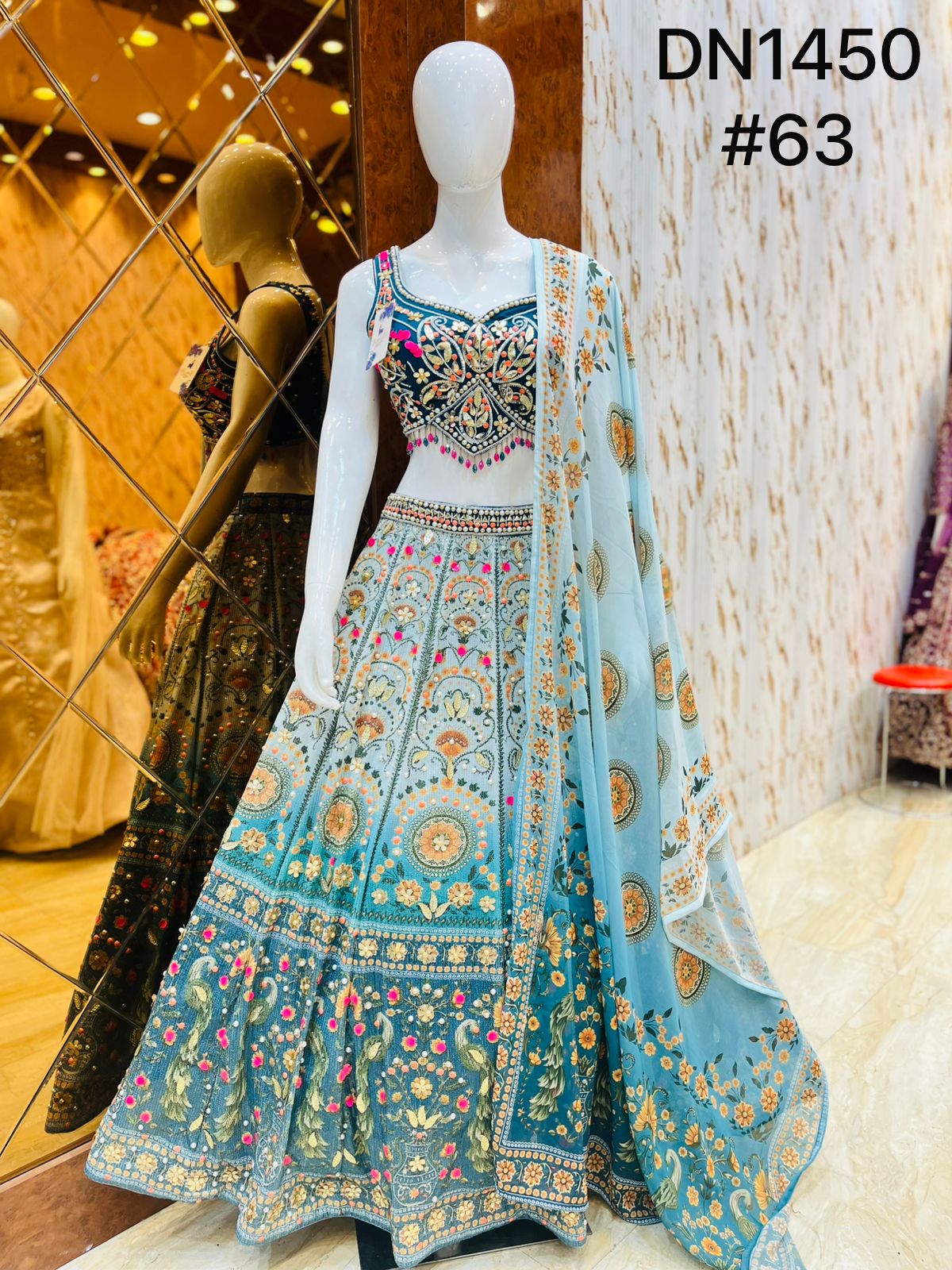 Sky Blue Peacock Crop Top Lehenga