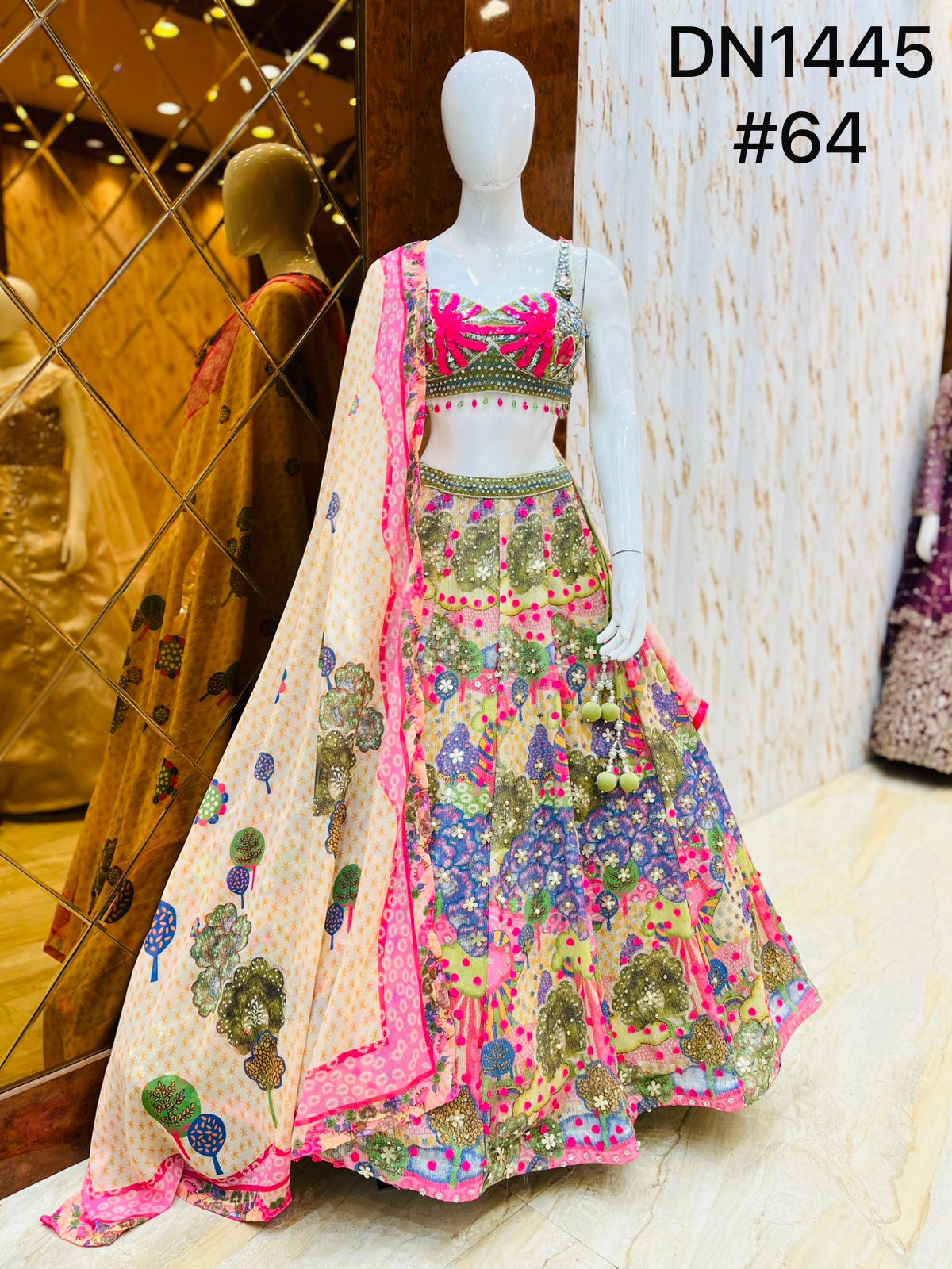Off White Pink Green Multicolour Crop Top Lehenga