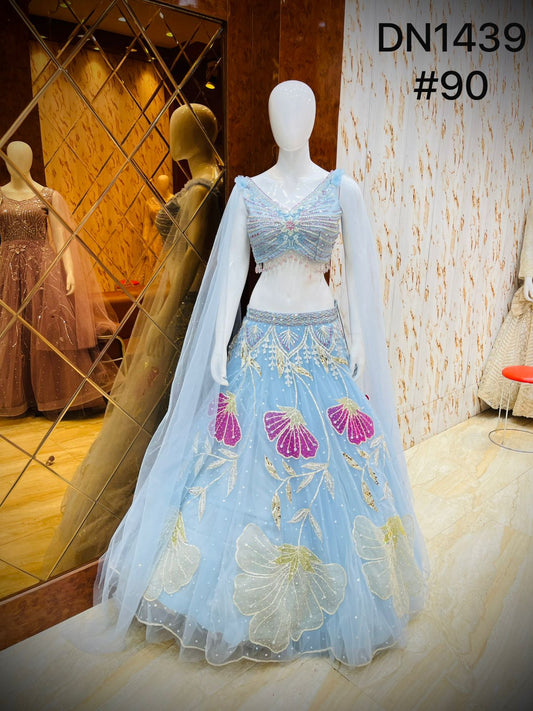 Sky Blue Floral Crop Top Lehenga