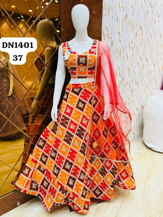 Rust orange Multicolour Crop Top Lehenga