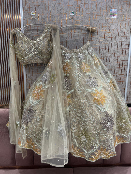 Golden beige pdp Crop Top Lehenga
