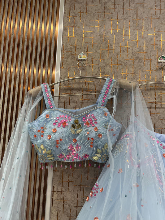 Sky blue pdp Crop Top Lehenga