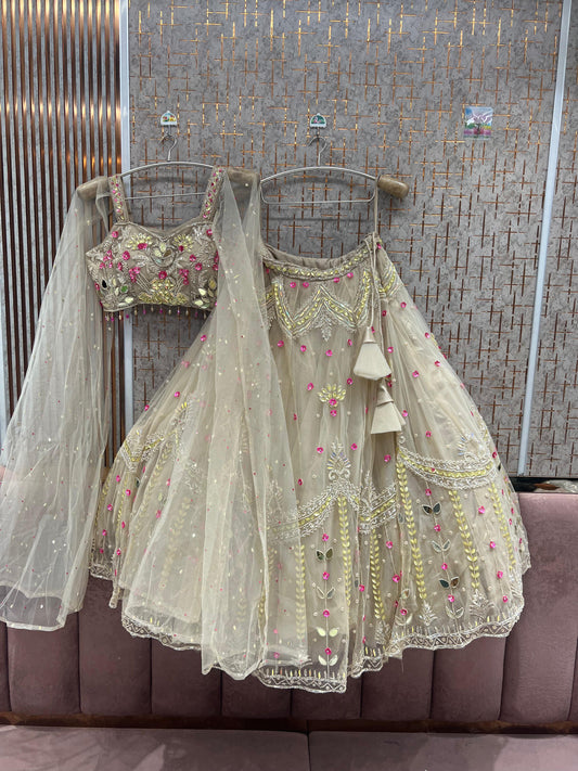 Beige Golden pdp Crop Top Lehenga