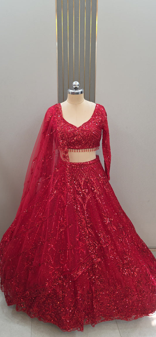 Red monotone Crop top Lehenga