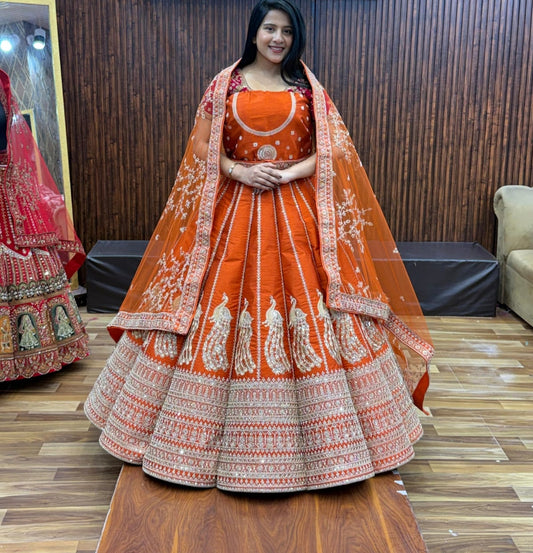 Orange rust peacock Ball Bridal Lehenga
