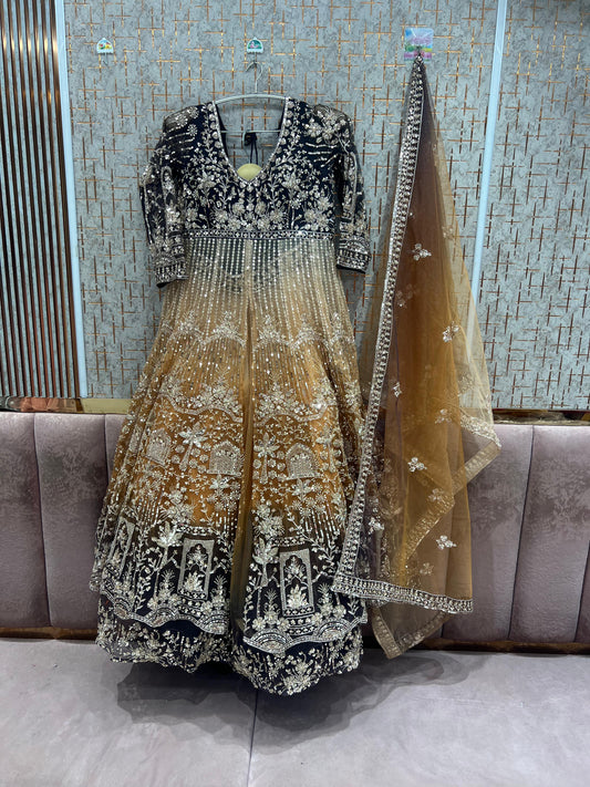 Double shade mustard long peplum Dress Farshi Gaharara Dress Special