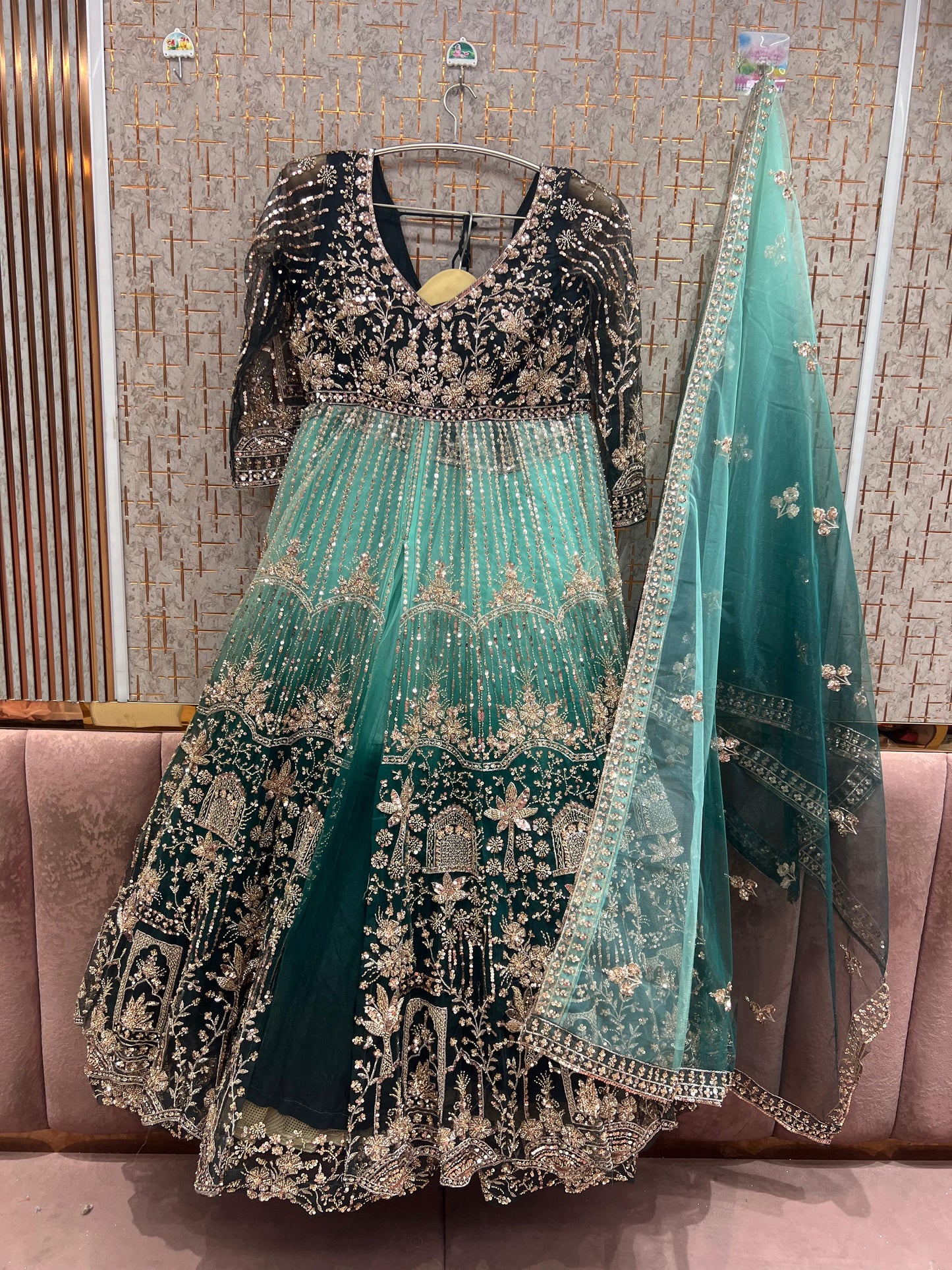 Double shade green long peplum Dress Farshi Gaharara Dress Special