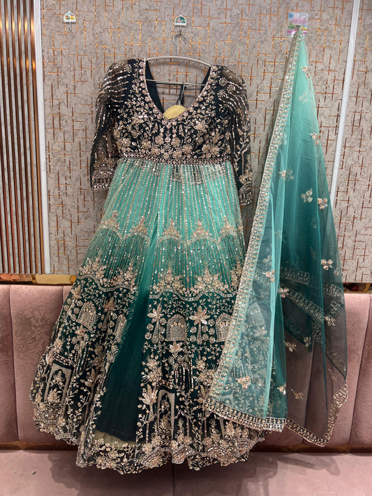 Double shade green long peplum Dress Farshi Gaharara Dress Special
