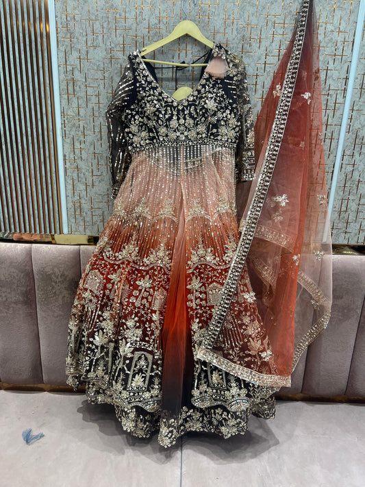 Double shade orange long peplum Dress Farshi Gaharara Dress Special