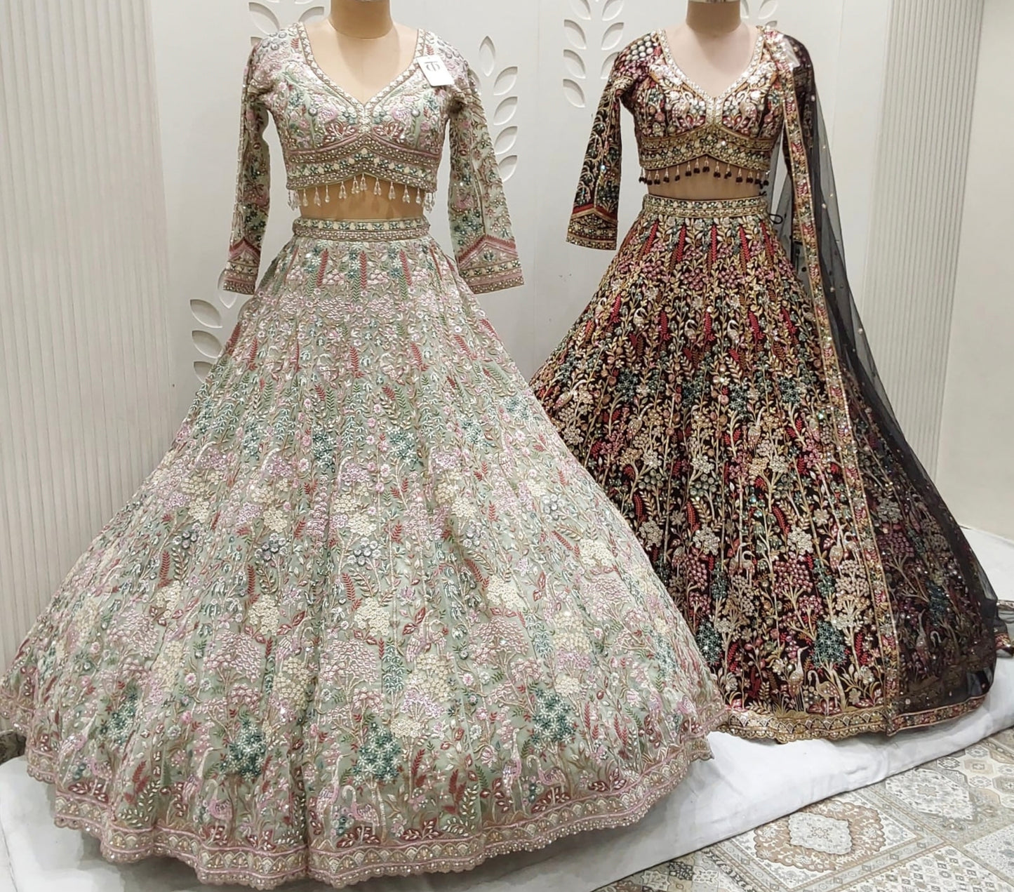 Pista green black blue Floral Crop top Lehenga