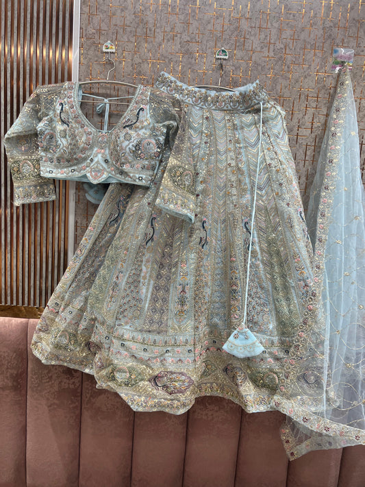 Sky Blue peacock Crop top Lehenga - Shopping World