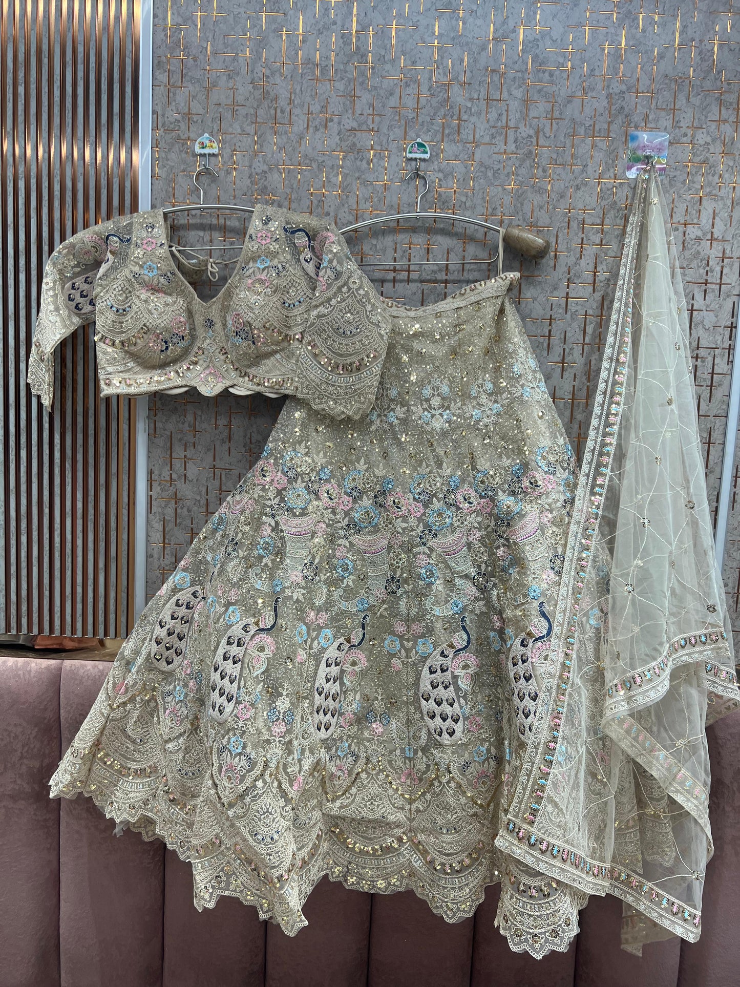 Beige Golden viral peacock Crop top Lehenga