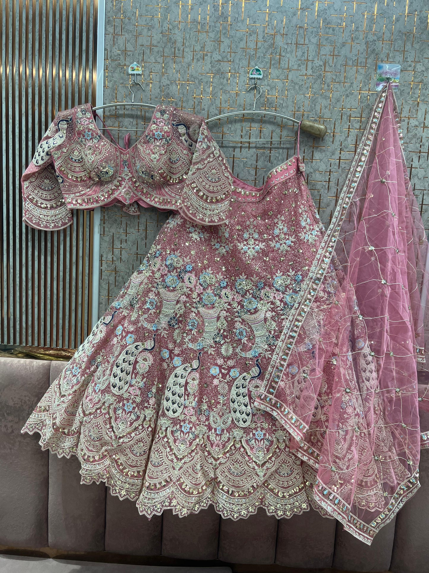 Beige Golden viral peacock Crop top Lehenga