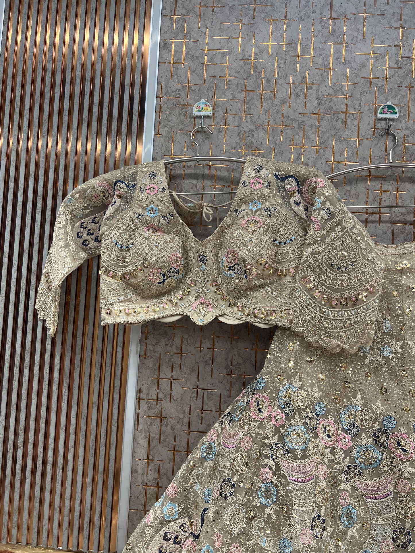 Beige Golden viral peacock Crop top Lehenga