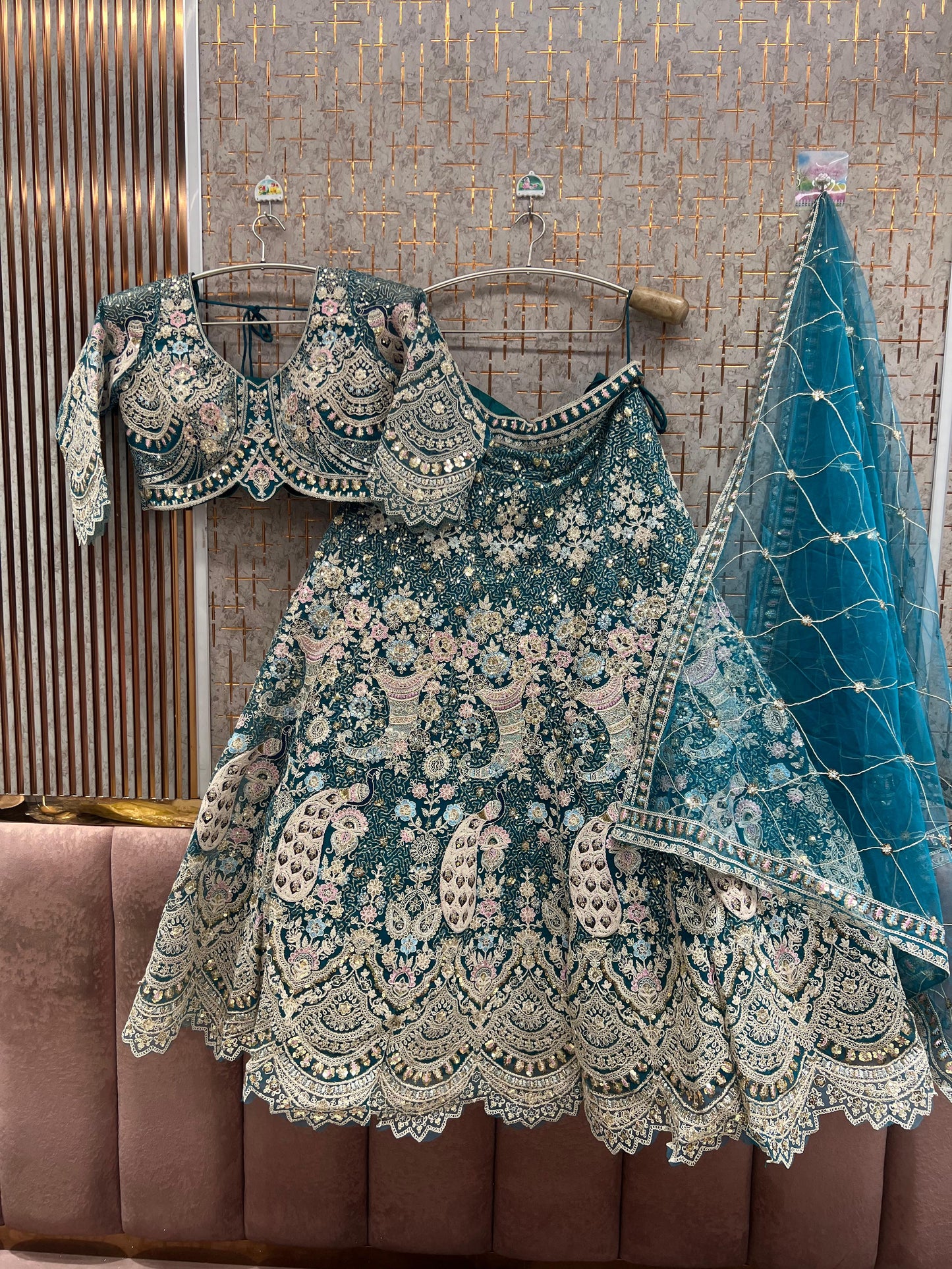 Beige Golden viral peacock Crop top Lehenga