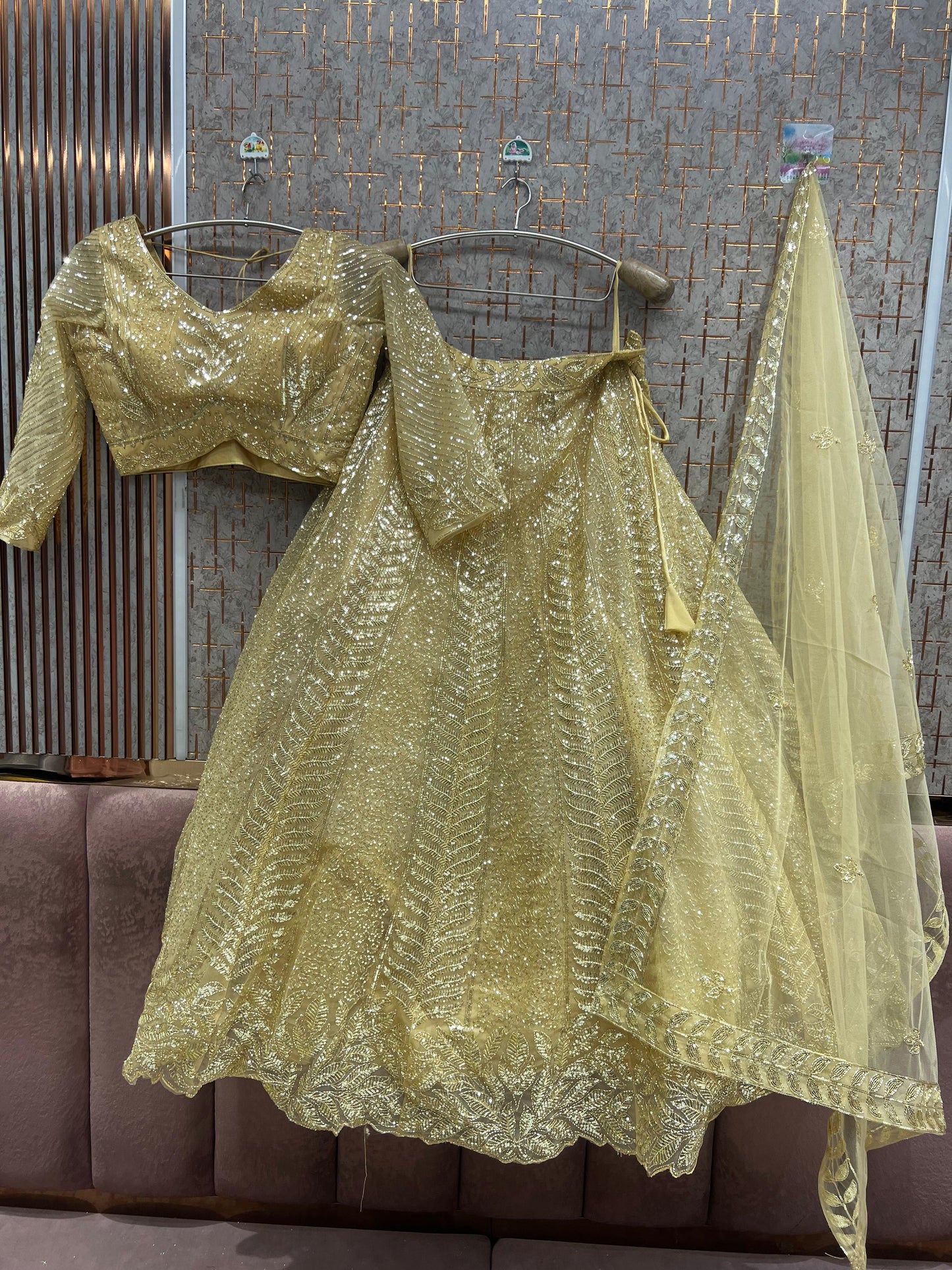 Beige golden Crop top Lehenga