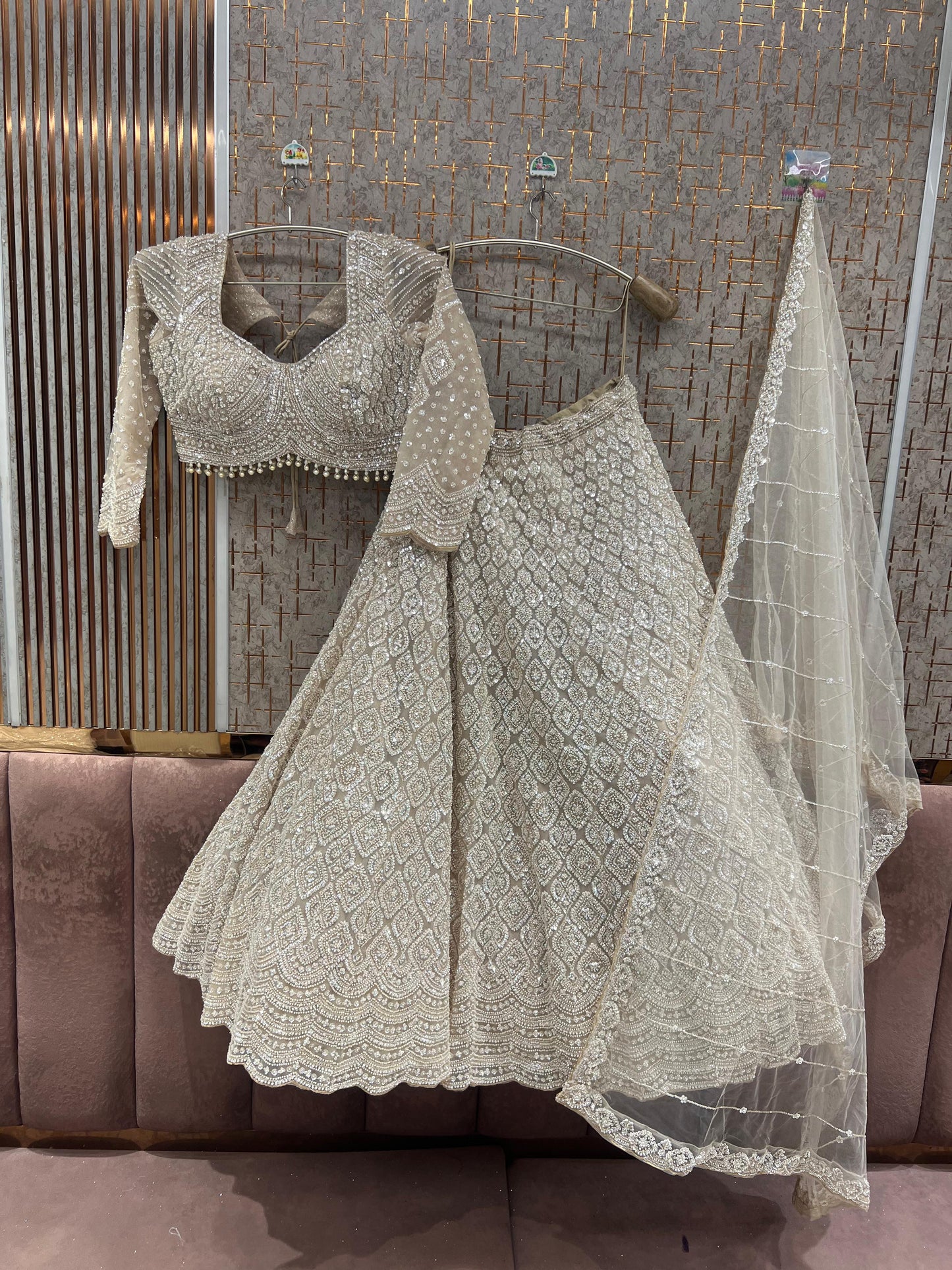 Beige golden Crop top Lehenga