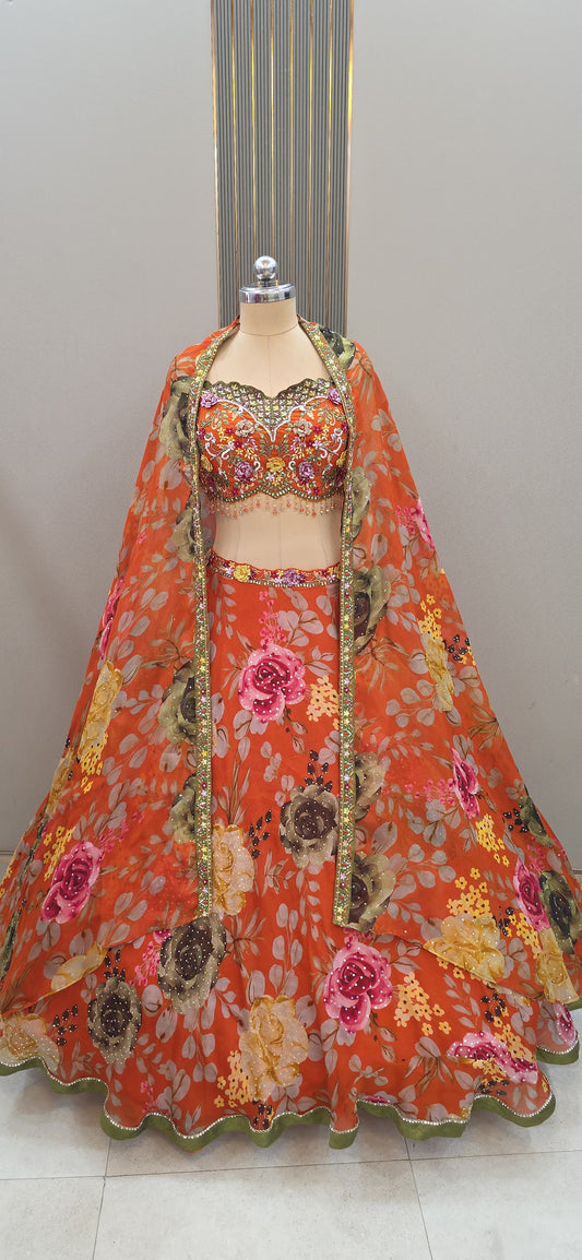 Designer Orange Ready to Wear crop top Lehenga