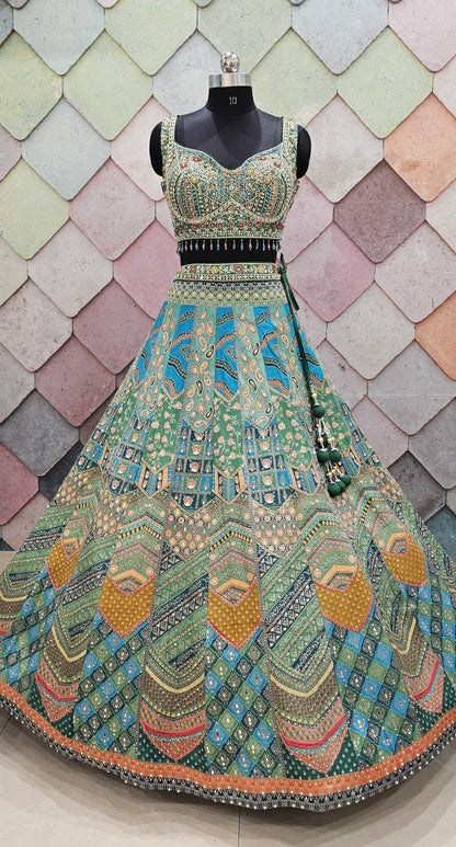 Blue Green Banarasi Crop top Lehenga