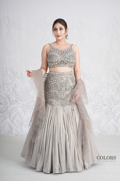 Silver Handwork Trendy fish cut crop top lehenga