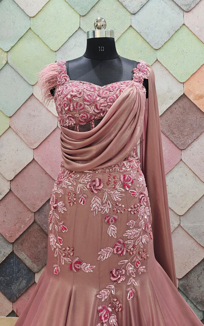 Hand work Pink Trendy fish cut crop top lehenga