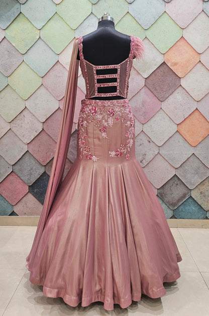 Hand work Pink Trendy fish cut crop top lehenga
