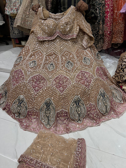 Beige golden Peacock Crop Top Lehenga