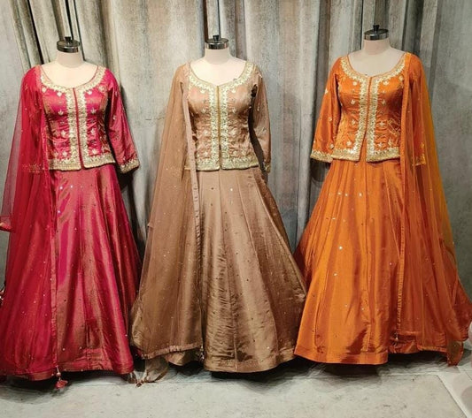 Rust orange Hot pink Brown Long Crop Top Lehenga