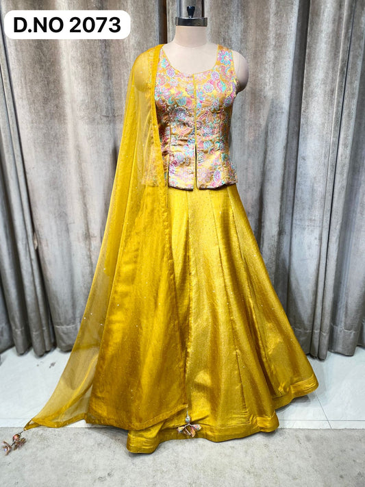 Yellow Haldi mehendi Long Crop Top Lehenga