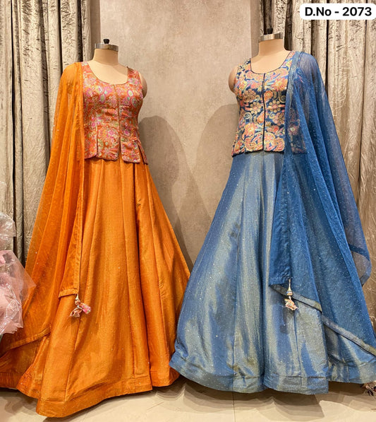 Sky Blue Rust Orange Long Crop Top Lehenga