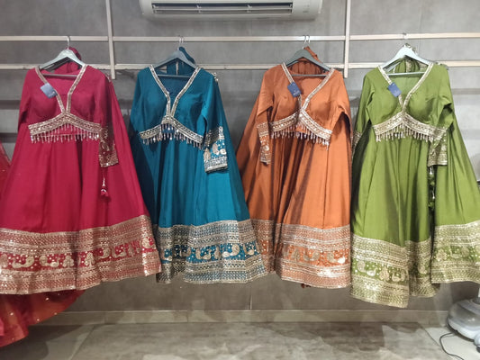 Hot pink Sky Blue Rust Orange Green Crop Top Lehenga