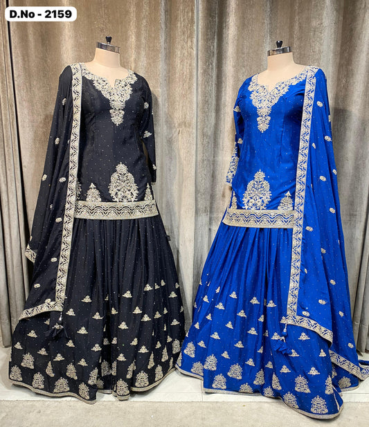 Black Royal Blue Long Crop Top Lehenga