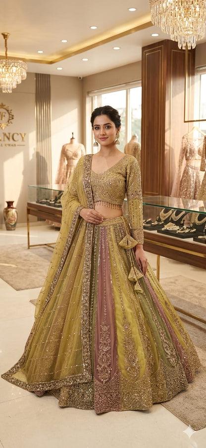 Yellow pink mustard Multicolour Crop Top Lehenga - Shopping World