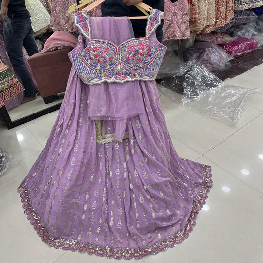 Pink peach silver blue heavy blouse Crop Top Lehenga