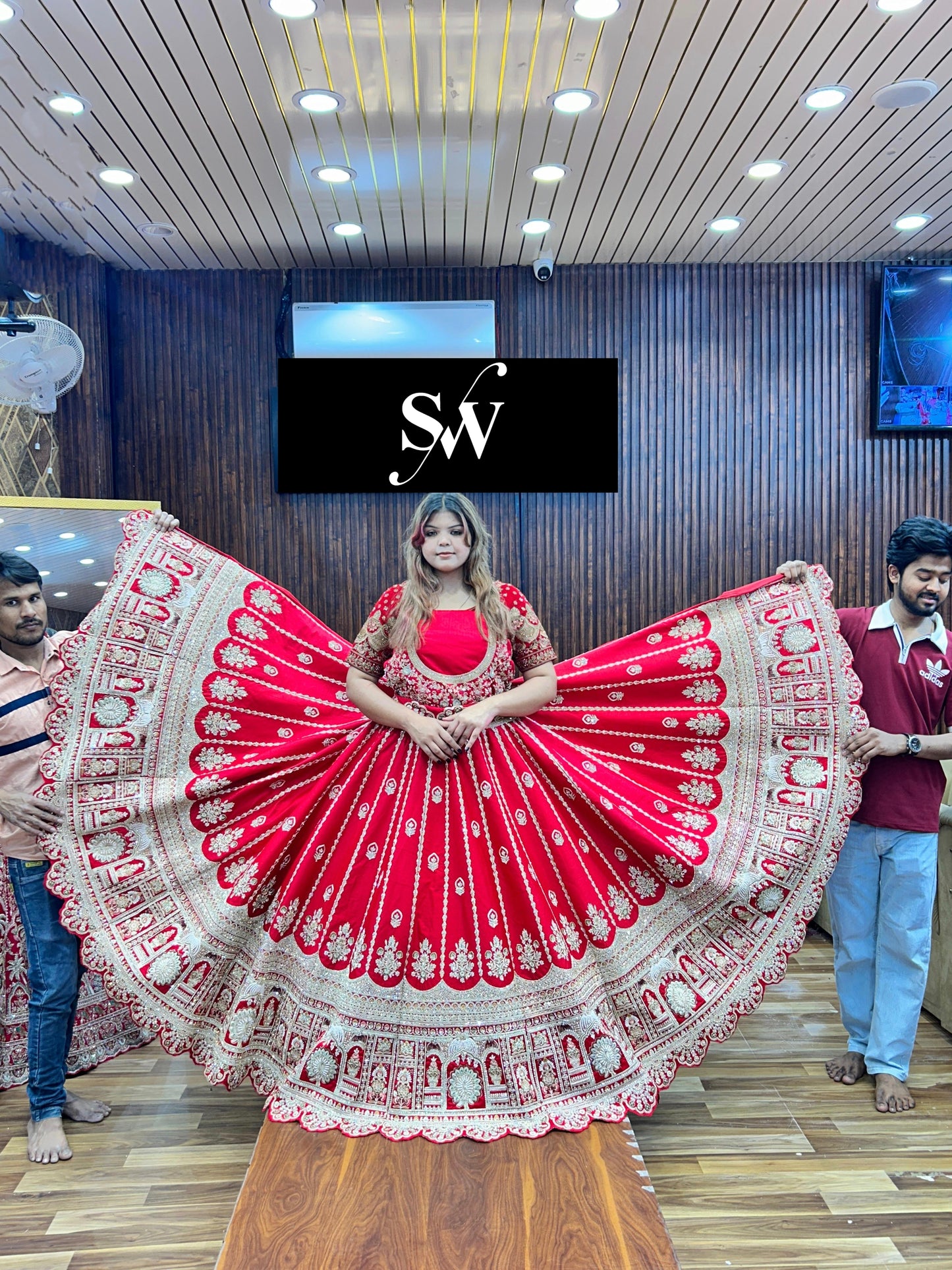 Red handwork Sabyasach Bridal Lehenga