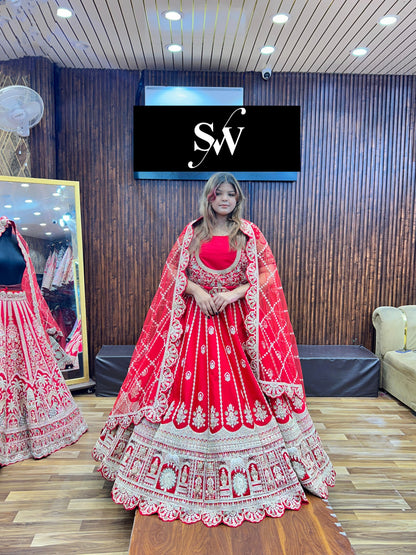 Red handwork Sabyasach Bridal Lehenga
