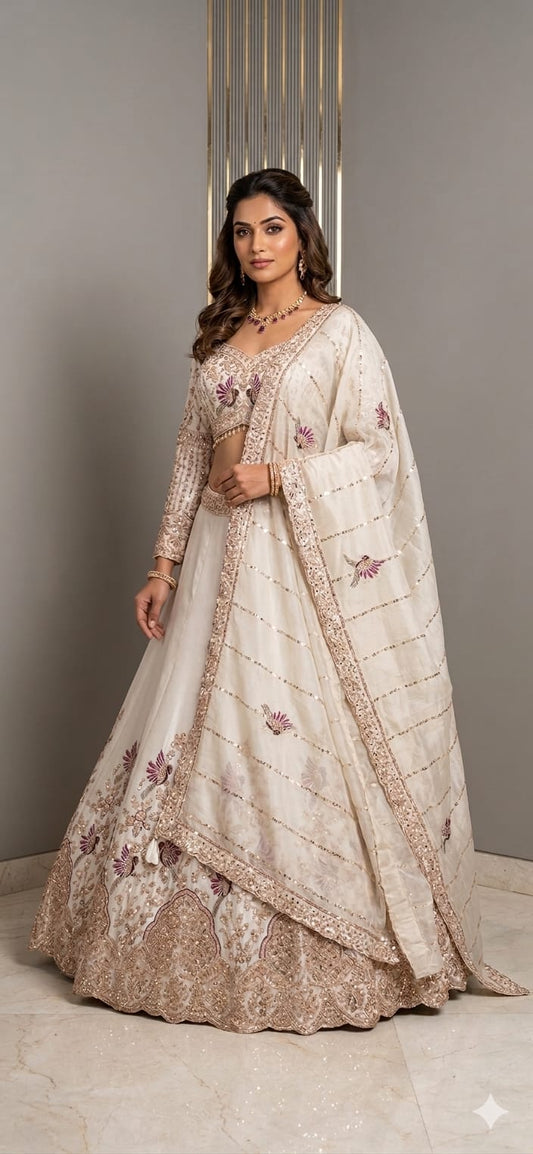 Peacock Beige Golden Crop Top Lehenga