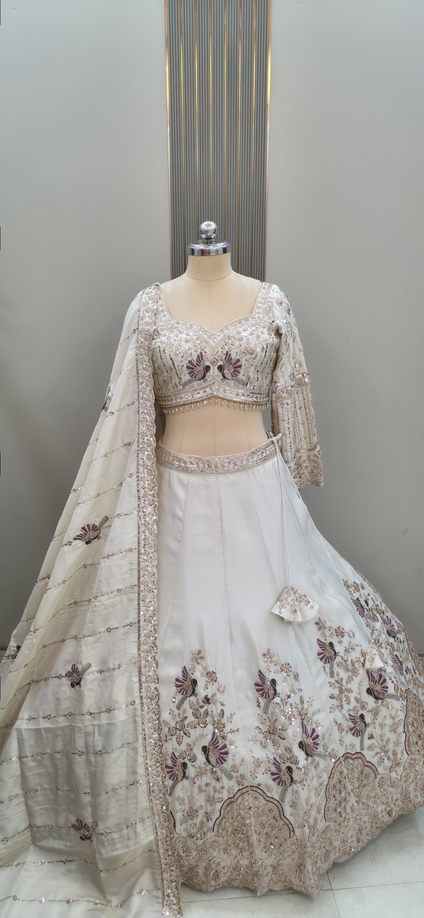 Peacock Beige Golden Crop Top Lehenga