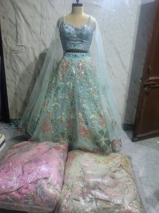 Sky Blue White pink Pdp crop top Lehenga