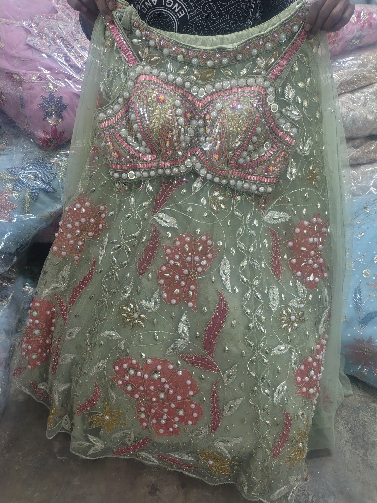 Green Brown Blue crop top Lehenga