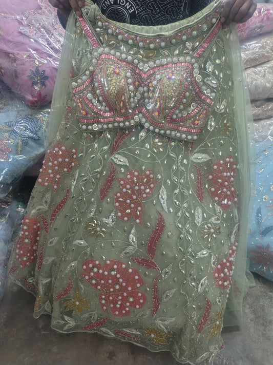 Green Brown Blue crop top Lehenga