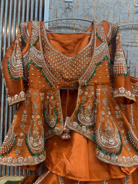 Rust orange Farshi Garara Muslim Special Long Peplum Dress Lehenga